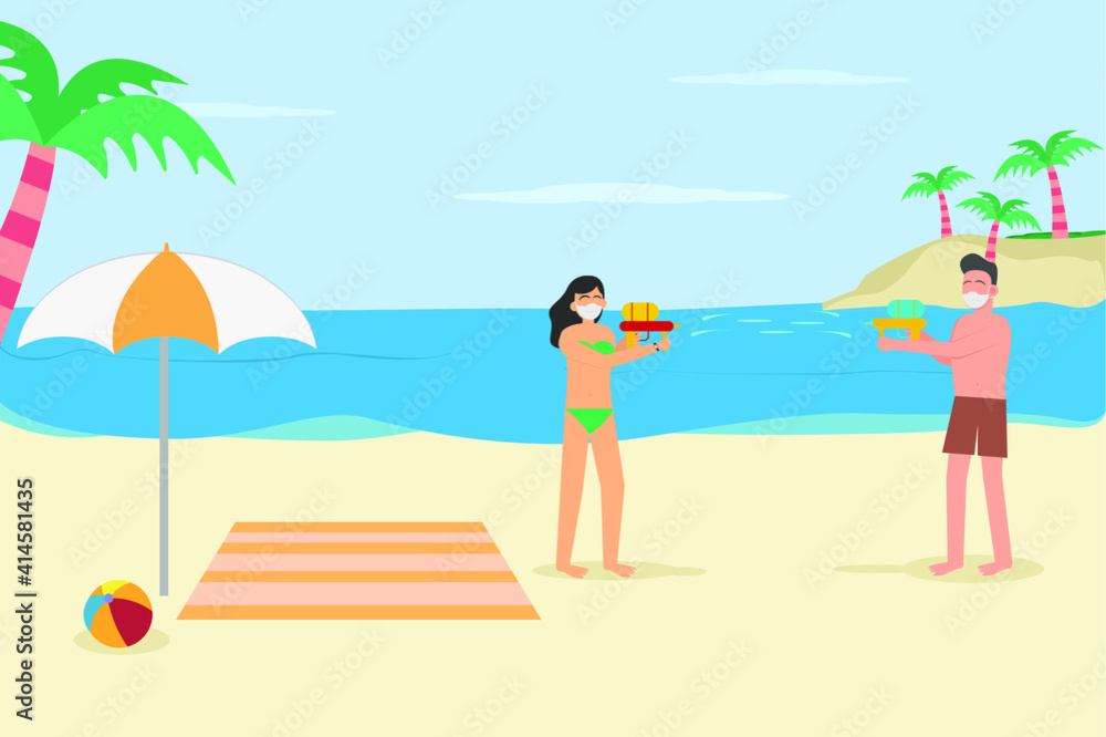 Holiday in new normal vector concept: Young couple playing water gun in the beach while enjoying holiday