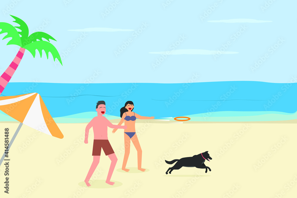 Summer holiday vector concept: Young couple throwing toy to their pet in the beach while enjoying leisure time