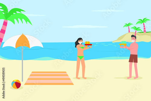 Holiday in new normal vector concept  Young couple playing water gun in the beach while enjoying holiday