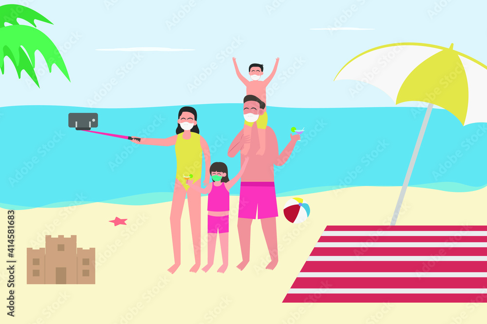 Holiday in new normal vector concept: Young parents and cute children take selfie photo while enjoying holiday in beach