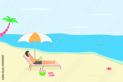 Summer holiday vector concept  Young man using laptop while relaxing in the beach 