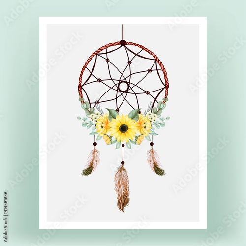 Watercolor dream catcher with sunflower and feather