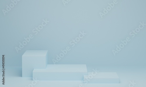 Minimal scene with podium on blue pastel background. Geometric shape. Abstract scene with geometrical forms. 3d rendering. © banphote