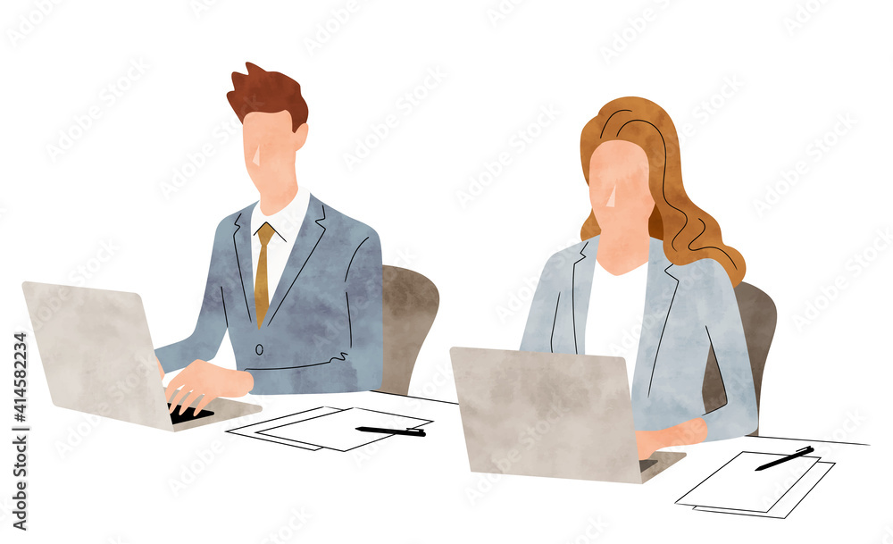 ベクターイラスト素材 ノートパソコンを使う男女 ビジネスシーン Stock Vector Adobe Stock