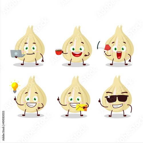 New garlic cartoon character with various types of business emoticons