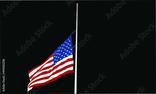 American Flag at half mast waving in the breeze red, white, and blue on a black background.