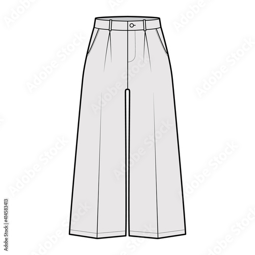 Pants capri technical fashion illustration with low waist, rise, single pleat, mid-calf length, wide legs, seam pockets. Flat trousers apparel template, grey color. Women, men, unisex CAD mockup