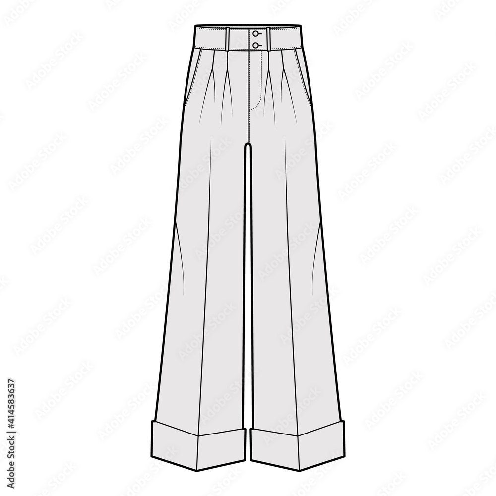 Pants oxford tailored technical fashion illustration with low waist, rise, full length, double pleat, slant slashed jetted pockets. Flat trousers apparel template front, grey color. Women men CAD Pants oxford tailored technical fashion illustration with low waist, rise, full length, double pleat, slant slashed jetted pockets. Flat trousers apparel template front, grey color. Women men CAD