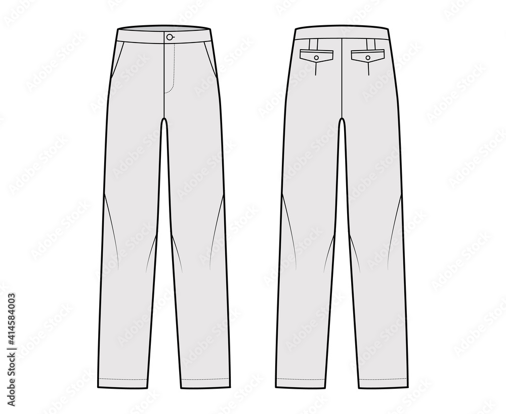 Pants straight silhouette technical fashion illustration with flat front, low waist, rise, full length, flap pockets. Flat trousers apparel template back, grey color. Women, men, unisex CAD mockup Pants straight silhouette technical fashion illustration with flat front, low waist, rise, full length, flap pockets. Flat trousers apparel template back, grey color. Women, men, unisex CAD mockup