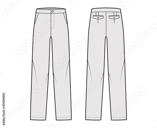 Pants straight silhouette technical fashion illustration with flat front, low waist, rise, full length, flap pockets. Flat trousers apparel template back, grey color. Women, men, unisex CAD mockup