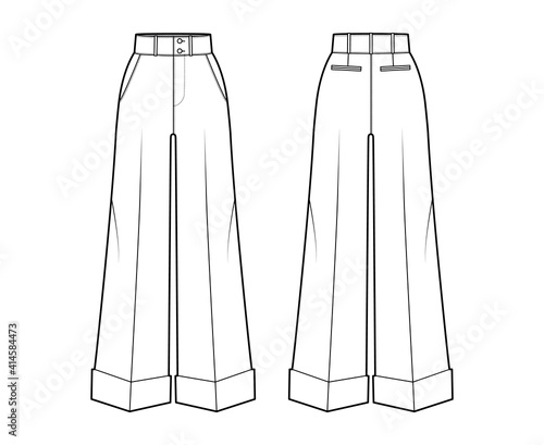 Pants oxford tailored technical fashion illustration with normal waist, high rise, full length, slant jetted pockets. Flat trousers apparel template front back white color. Women men unisex CAD mockup