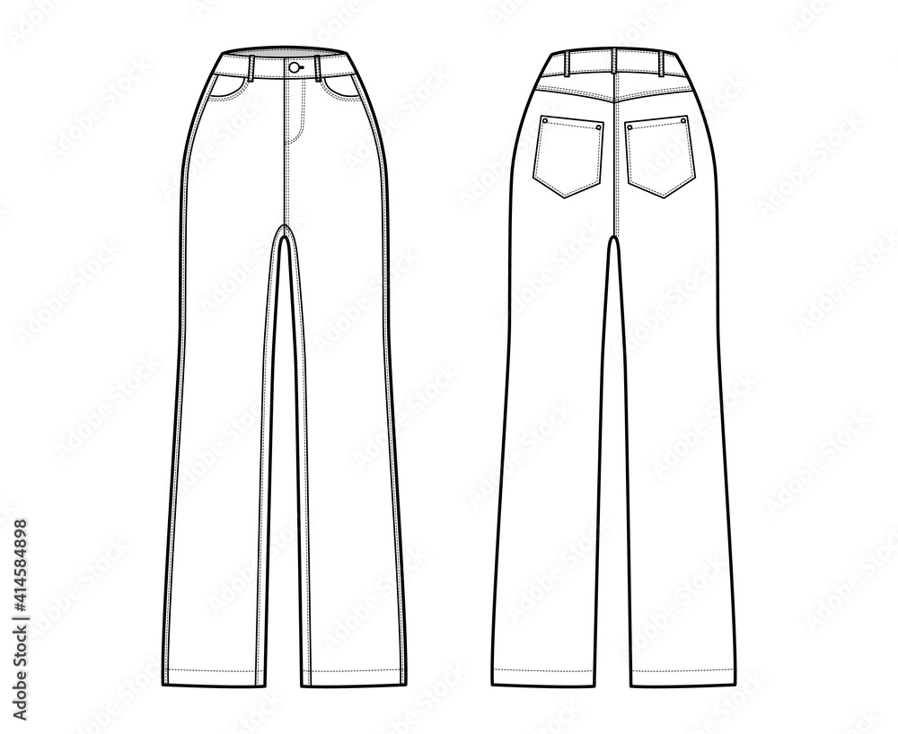 Jeans Denim pants technical fashion illustration with full length ...