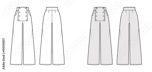 Set of Pants sailor technical fashion illustration with normal waist, high rise, full length, pockets, front buttons. Flat trousers bottom apparel template back, white grey color. Women men unisex CAD