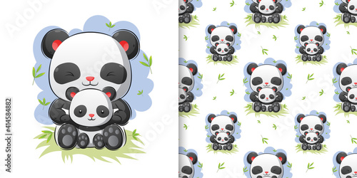 The jelly hand drawing of the two pandas sitting together in the bamboo forest