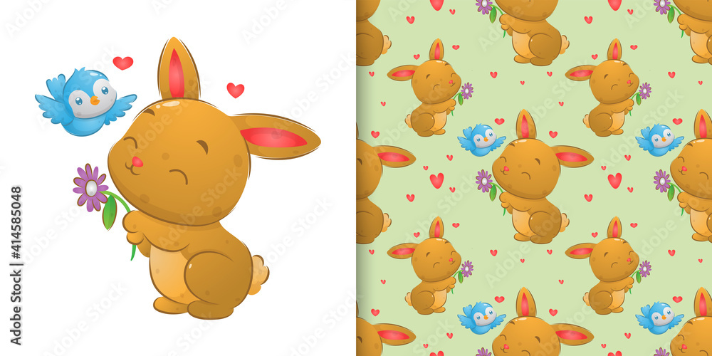 The random seamless illustration of the happy rabbit playing with the bird The random seamless illustration of the happy rabbit playing with the bird