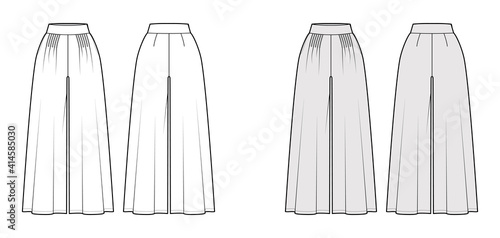 Pants gaucho technical fashion illustration with normal waist, high rise, pleats, ankle cropped length, seam pockets. Flat trousers apparel template back, white grey color. Women men unisex CAD mockup