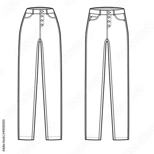 Set of Jeans botton fly tapered Denim pants technical fashion illustration with full length, normal low waist, high rise, 5 pockets. Flat bottom template front, white color style. Women men CAD mockup