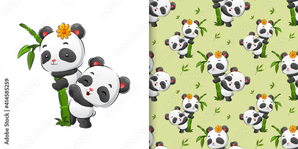 The seamless hand drawing of the two cute panda playing on the bamboo in the forest - obrazy, fototapety, plakaty 