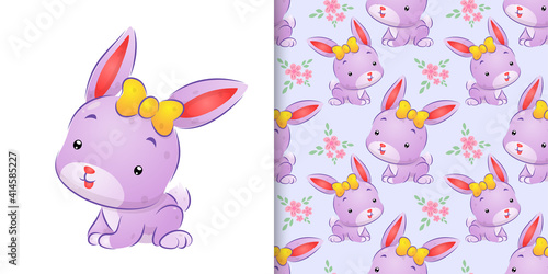 The seamless drawing of the colored rabbit with the cute ribbon on her head