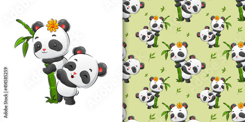 The seamless hand drawing of the two cute panda playing on the bamboo in the forest