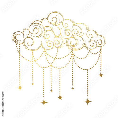 Beautiful golden cloud in bohemian style, linear hand drawn illustration. Vector boho tattoo, cloud with jewels and stars isolated on white background. Vintage design.