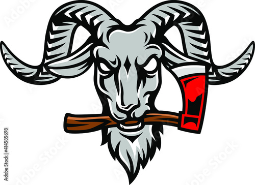 Angry Goat Holding an Ax in his mouth