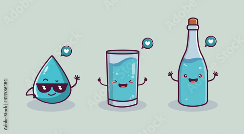 cute water drop, glass, bottle vector cartoon with kawai character concept world water day