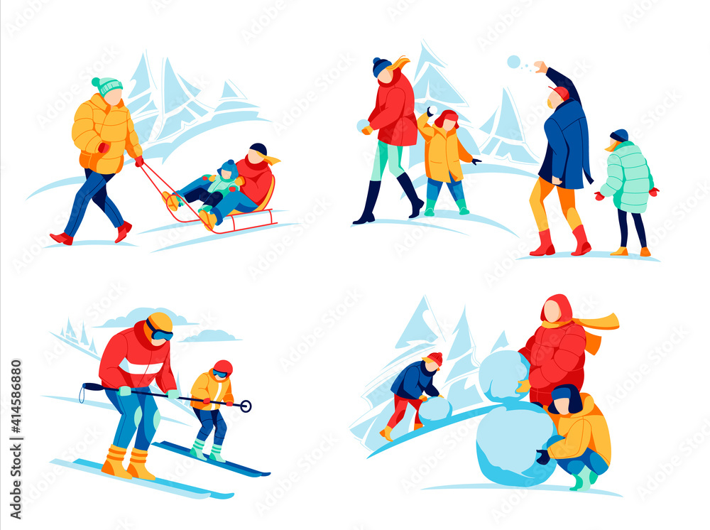 Family winter activities set. Happy parents and kids making snowman, skiing, sledding and playing snowballs together. People having fun on winter holidays, mountain resort cartoon vector illustration