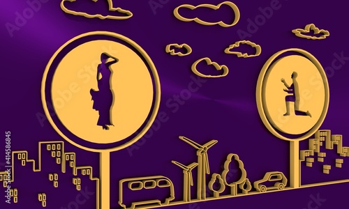 Silhouette of man in prayer pose. Man asking woman to marry him. Road signs with human icons. Thin line style scene. 3D rendering.