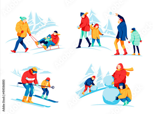 Family winter activities set. Happy parents and kids making snowman, skiing, sledding and playing snowballs together. People having fun on winter holidays, mountain resort cartoon vector illustration