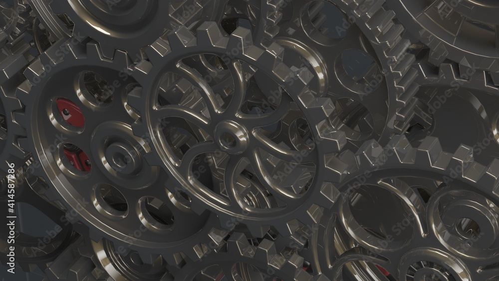 Mechanism black-red gears and cogs at work on spot light background. Industrial machinery. 3D illustration. 3D high quality rendering. 3D CG.