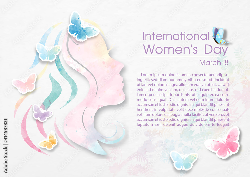 Obraz premium Closeup colorful butterfly on white silhouette of head's women in paper cut and watercolor style, wording of Women's day event, example texts on colors plants pattern and white background.