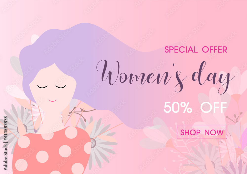 Closeup and crop happy woman in flat style with women's day specials offer sale wording on flowers bouquet and pink background. Poster's banner of Women's day in vector design.
