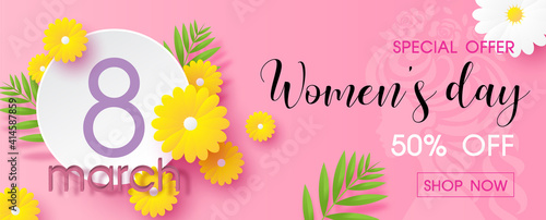 The day of event with yellow flowers and decorated plants on white banner, Women's day specials offer sale wording on women drawing shape and pink background. Poster's banner of Women's day in vector