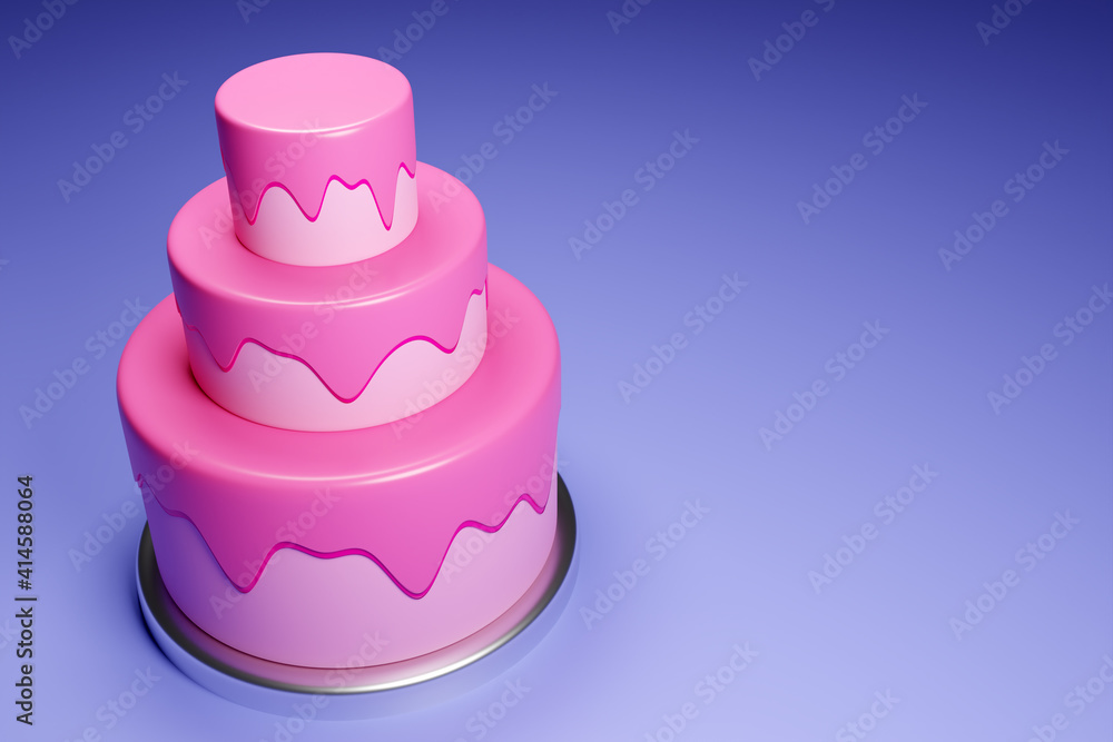 3D rendering three-tier wedding cake. Сlose-up of the pink isosceles pyramid, pedestal. A scene from circles on a pink background 3D rendering three-tier wedding cake. Сlose-up of the pink isosceles pyramid, pedestal. A scene from circles on a pink background