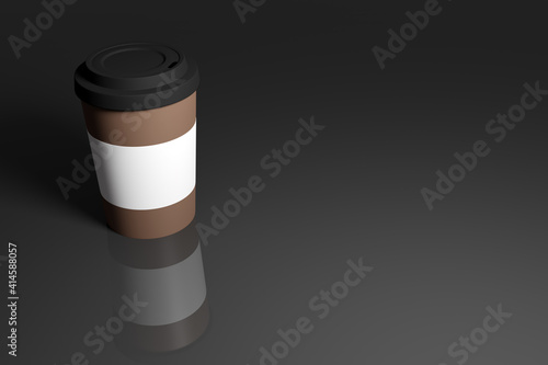 3d illustration of a coffee cup with a plastic lid and holder on an isolated dark background with reflection and shadow. Illustration of Disposable plastic and paper tableware for hot drinks. 