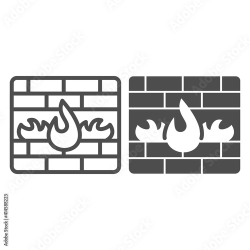 Brick wall with fire line and solid icon, web security concept, Firewall for defense against attacks sign on white background, unprotected cyber security brick wall icon in outline. Vector graphics.