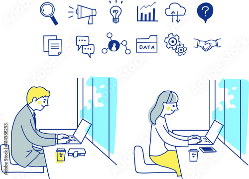 Web iconとパソコン作業をする男女