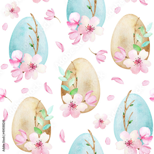 Photography Easter watercolor seamless pattern with Easter eggs and sakura flowers