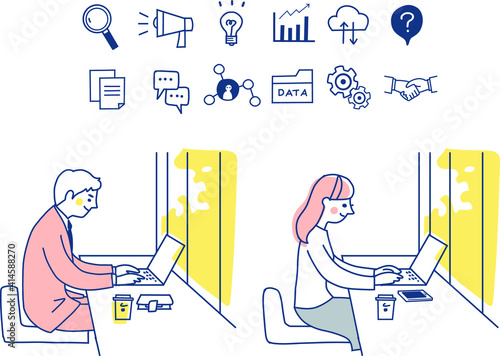 Web iconとパソコン作業をする男女