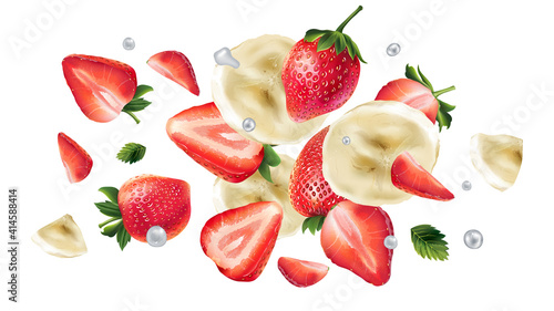 Flying slices of banana and strawberries and water droplets.