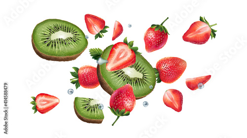 Fototapeta Naklejka Na Ścianę i Meble -  Kiwi and strawberries are flying on a white background.