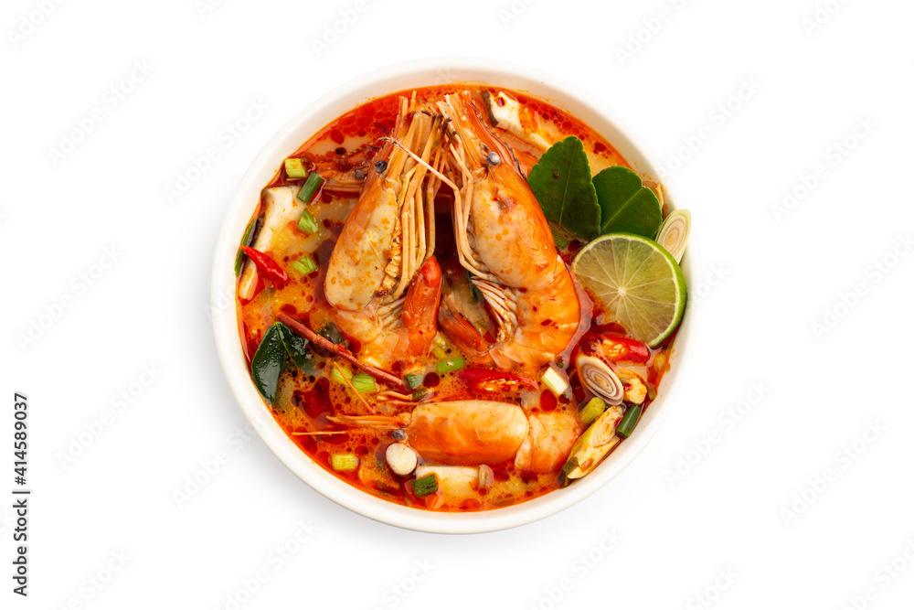 Tom Yam Kung ,Prawn and lemon soup with mushrooms, thai food In a white bowl isolated on white background with clipping path Tom Yam Kung ,Prawn and lemon soup with mushrooms, thai food In a white bowl isolated on white background with clipping path