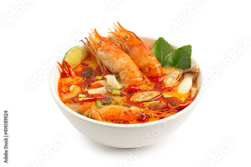 Tom Yam Kung ,Prawn and lemon soup with mushrooms, thai food In a white bowl isolated on white background with clipping path