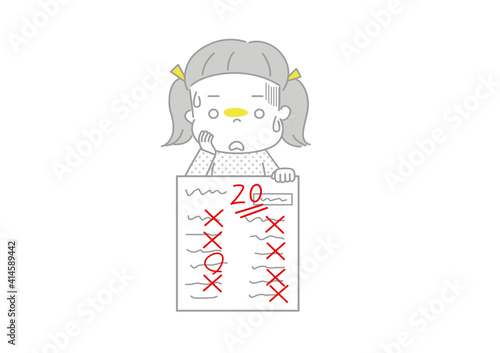テストで悪い点をとってショックを受ける女の子　20点で冷や汗