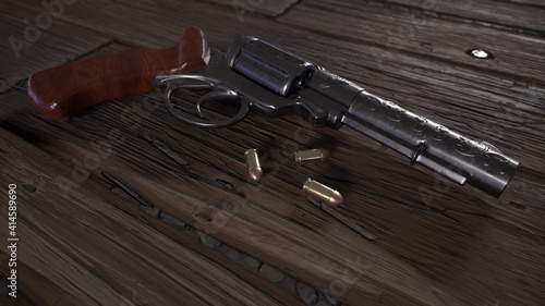 pistol and bullets on old planks ground 3D rendered image