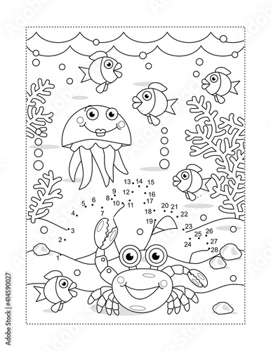 Amphorae connect the dots full page picture puzzle and coloring page, underwater life themed, with carb, fish, jellyfish, seabed, algae
