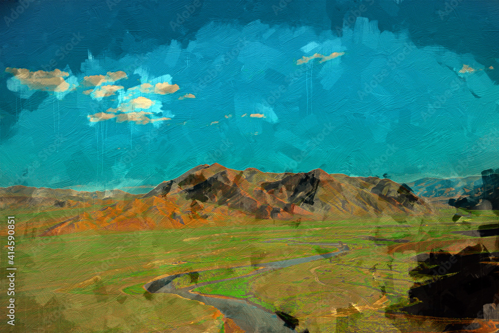 Fototapeta Mongolski piękny krajobraz sztuka cyfrowa, malarstwo cyfrowe, płótno do druku, lato, błękitne niebo czyste niebo