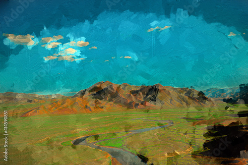 Mongolian beautiful landscape digital art, digital painting, canvas printable, summer, blue sky clear sky