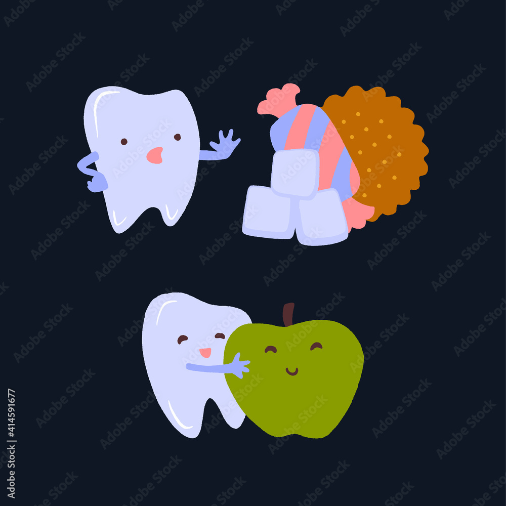 Cartoon tooth character choosing an apple and ignoring candy and sugar.